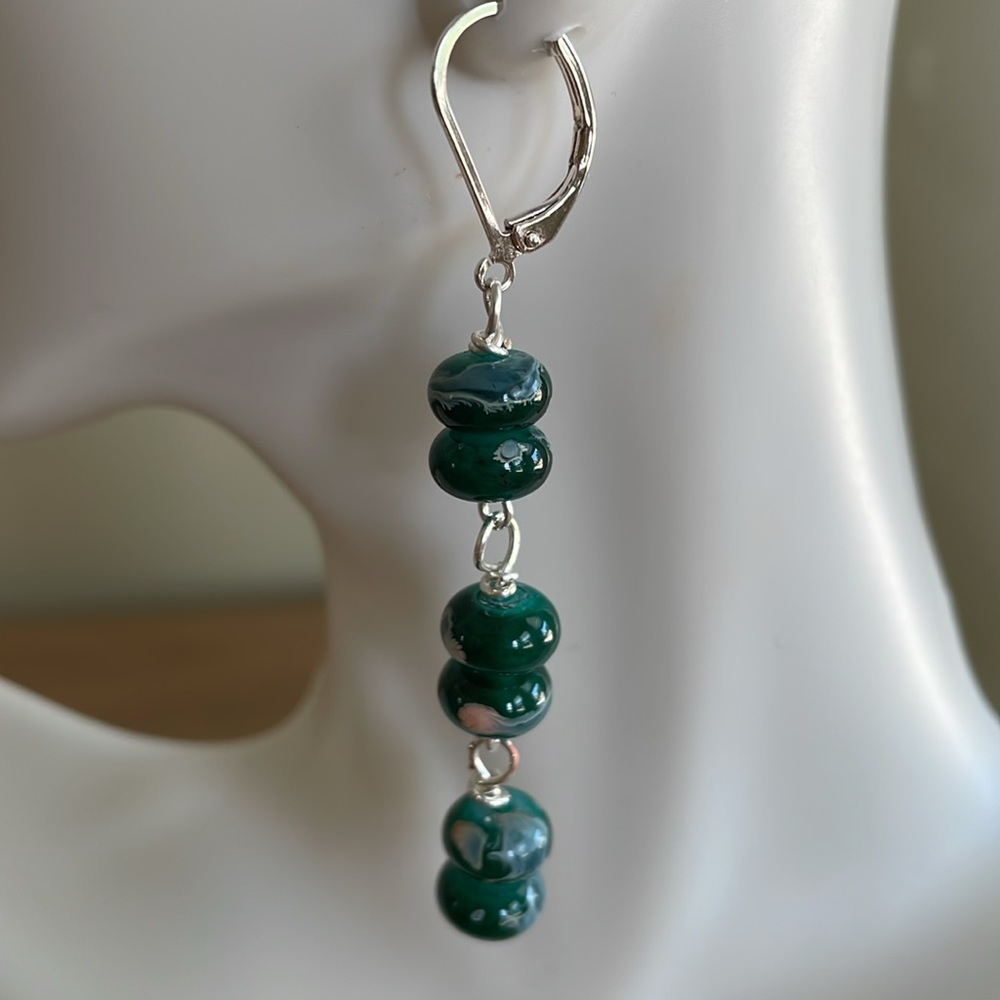 HAND CRAFTED EARRINGS Green Cream Lampwork Beads Dangling Drops Sterling Silver